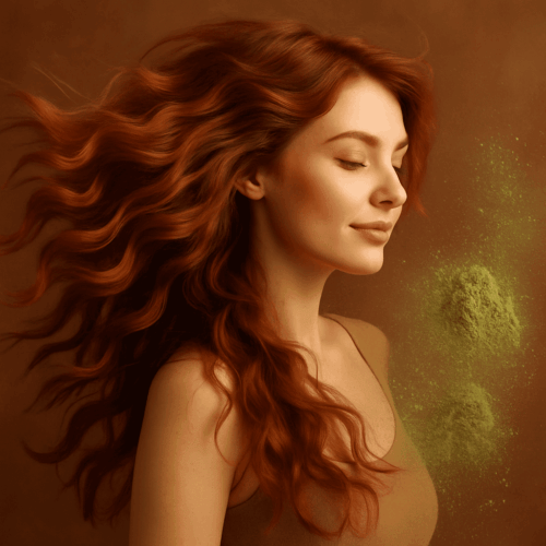 Femme aux cheveux auburn en mouvement, avec de la poudre de soin capillaire végétale – soin ayurvédique purifiant au Neem bio