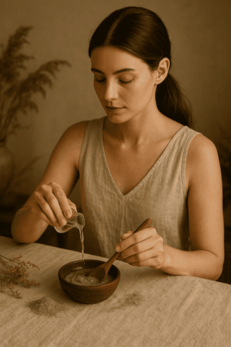 Jeune femme aux cheveux longs préparant une pâte capillaire au Triphala bio dans un bol, rituel ayurvédique naturel pour purifier le cuir chevelu