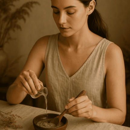 Jeune femme aux cheveux longs préparant une pâte capillaire au Triphala bio dans un bol, rituel ayurvédique naturel pour purifier le cuir chevelu