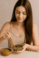 Jeune femme aux cheveux longs préparant une pâte capillaire au Triphala bio dans un bol, rituel ayurvédique naturel pour purifier le cuir chevelu