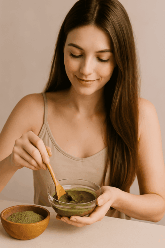 Jeune femme aux cheveux longs préparant une pâte capillaire au Triphala bio dans un bol, rituel ayurvédique naturel pour purifier le cuir chevelu