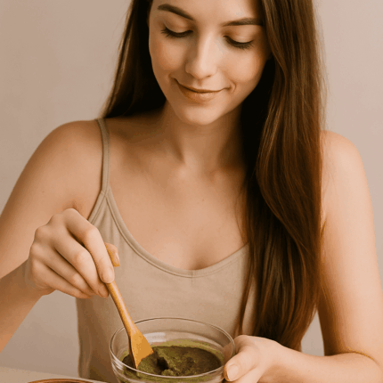 Jeune femme aux cheveux longs préparant une pâte capillaire au Triphala bio dans un bol, rituel ayurvédique naturel pour purifier le cuir chevelu