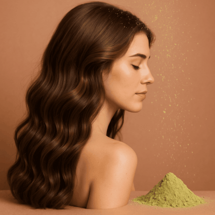 Jeune femme aux cheveux châtain brillants, de dos, avec une poudre végétale tombant comme des confettis dans un décor naturel – soin ayurvédique au Shatavari