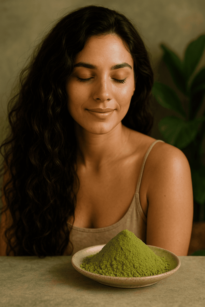 Femme aux cheveux longs, épais et brillants, dans un décor végétal avec de la poudre verte de moringa – soin ayurvédique capillaire revitalisant