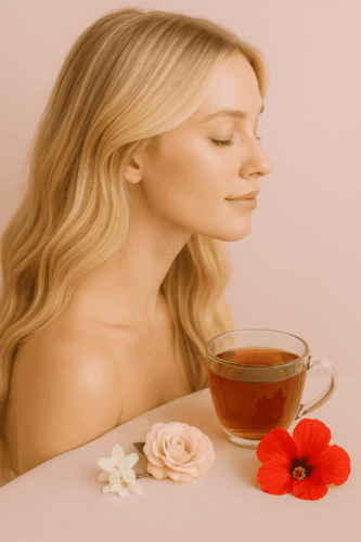 Femme blonde en lumière naturelle dégustant une tasse de thé ayurvédique, entourée de fleurs de jasmin, rose et hibiscus – ambiance florale et bien-être