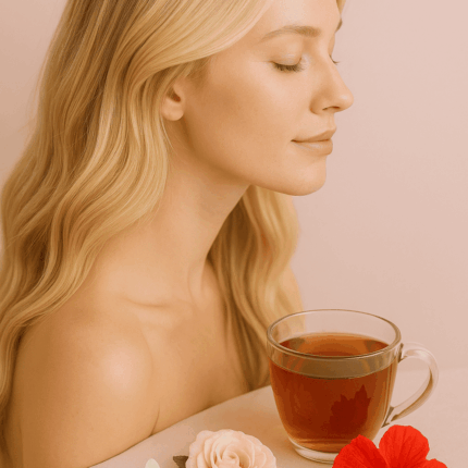 Femme blonde en lumière naturelle dégustant une tasse de thé ayurvédique, entourée de fleurs de jasmin, rose et hibiscus – ambiance florale et bien-être