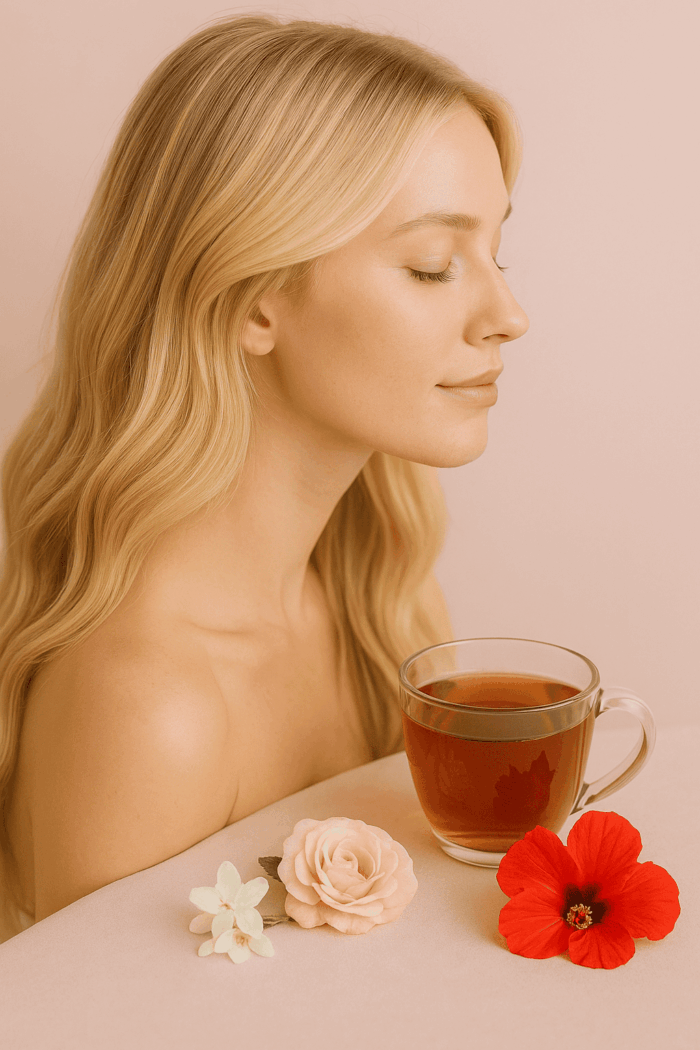 Femme blonde en lumière naturelle dégustant une tasse de thé ayurvédique, entourée de fleurs de jasmin, rose et hibiscus – ambiance florale et bien-être