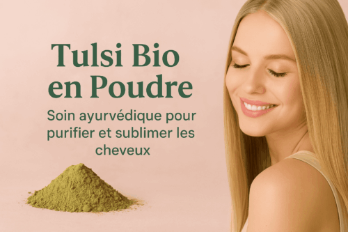 Femme blonde aux cheveux brillants avec poudre de Tulsi bio – soin ayurvédique purifiant pour cheveux