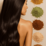 Femme aux cheveux bruns soyeux appliquant un soin capillaire ayurvédique dans un cadre naturel et apaisant