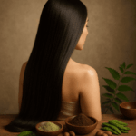 Femme aux cheveux longs, brillants et en pleine santé grâce aux soins ayurvédiques à base de Shikakaï, Amla, Neem et Brahmi