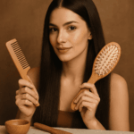 Jeune femme aux cheveux bruns lisses tenant une brosse et un peigne en bois ayurvédique pour sa routine capillaire naturelle