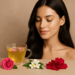 Jeune femme aux cheveux brillants savourant une infusion ayurvédique, accompagnée de fleurs de jasmin, de rose et d’hibiscus pour la beauté des cheveux