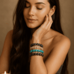 Jeune femme aux cheveux longs portant plusieurs bracelets en pierres naturelles, entourée de sauge, lavande, bougie et plantes ayurvédiques dans une ambiance bien-être