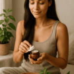 Jeune femme aux cheveux bruns longs et brillants ouvrant un pot de crème capillaire ayurvédique dans une ambiance douce et naturelle
