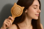 Femme aux cheveux châtains se brossant avec une brosse en bois ayurvédique en forme de chat