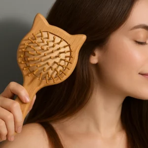Femme aux cheveux châtains se brossant avec une brosse en bois ayurvédique en forme de chat