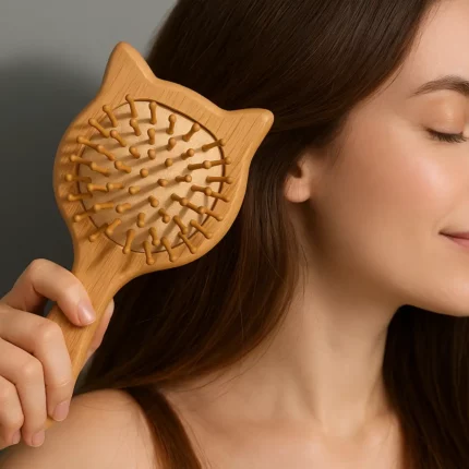 Femme aux cheveux châtains se brossant avec une brosse en bois ayurvédique en forme de chat