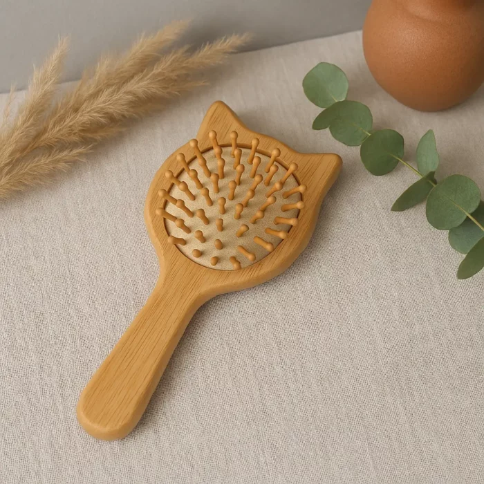 Brosse en bois ayurvédique à coussin d’air sur une table en lin avec plantes naturelles