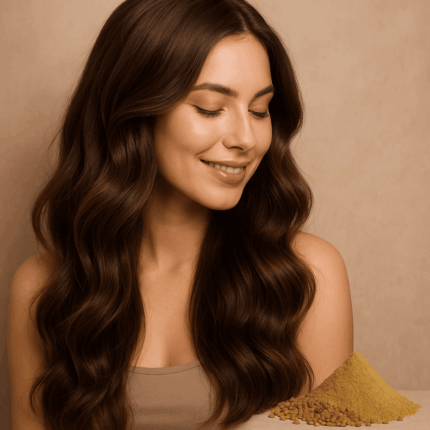 Femme aux cheveux longs, denses et souples, associée à un soin naturel au Methi (Fenugrec) bio Ayurveda-naturel, spécialiste du cheveux