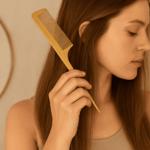 Femme traçant une raie avec un peigne à queue en bambou naturel, coiffant ses cheveux lisses