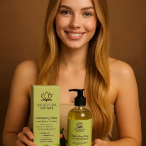 Shampoing Amla anti-chute Ayurveda Naturel, flacon et boîte, fond premium chaud avec fruits d’amla