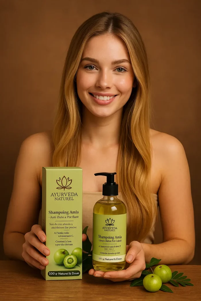 Femme blonde aux cheveux longs et épais tenant le shampoing Amla Ayurveda Naturel, décor ayurvédique et fond premium chaud