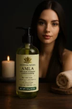 Après-shampoing Amla Ayurveda Naturel – Soin capillaire anti-chute – flacon premium avec femme aux cheveux ondulés naturels, décor spa chic.