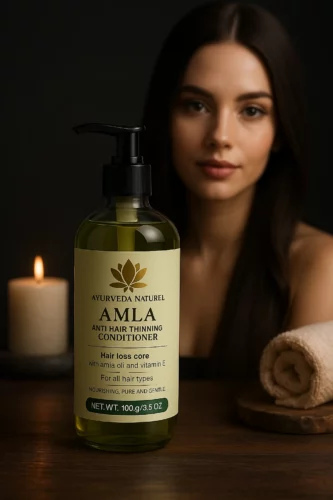 Après-shampoing Amla Ayurveda Naturel – Soin capillaire anti-chute – flacon premium avec femme aux cheveux ondulés naturels, décor spa chic.