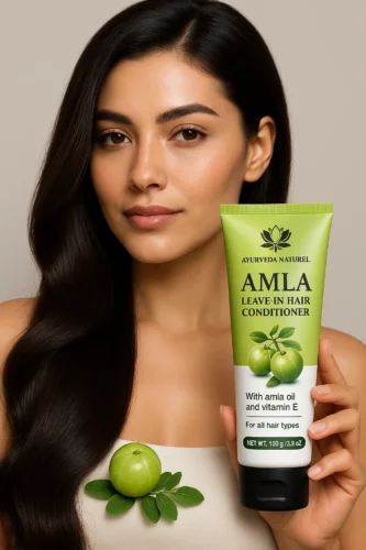 Femme brune aux cheveux longs et soyeux tenant un après-shampoing ayurvédique sans rinçage à l’Amla Ayurveda Naturel