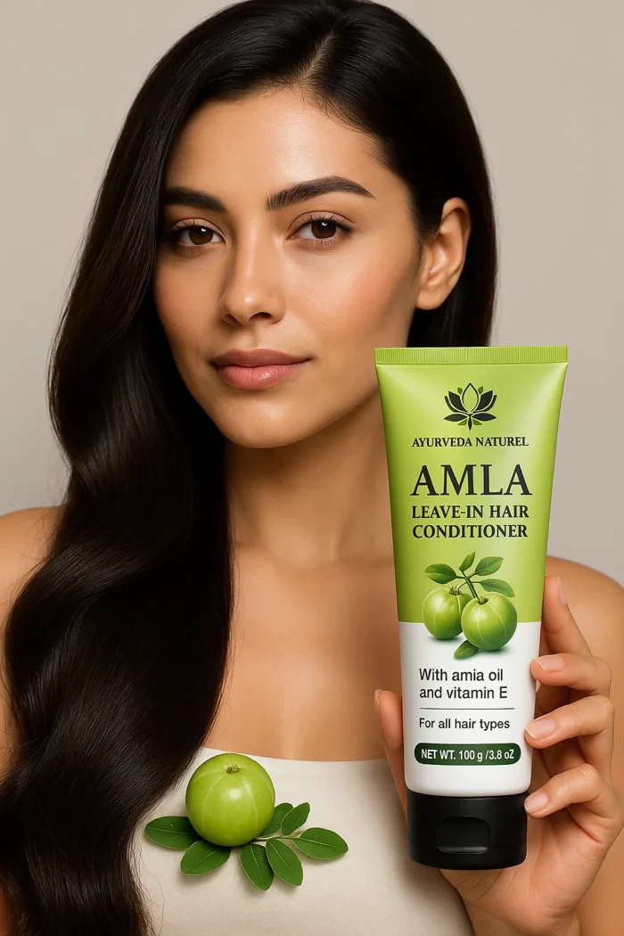 Femme brune aux cheveux longs et soyeux tenant un après-shampoing ayurvédique sans rinçage à l’Amla Ayurveda Naturel