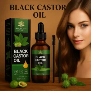 Huile de ricin noire Ayurveda Naturel, flacon et boîte avec logo, fond premium chaud, soin repousse cheveux, cils et sourcils