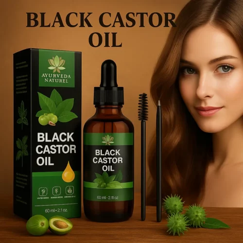 Huile de ricin noire Ayurveda Naturel, flacon et boîte avec logo, fond premium chaud, soin repousse cheveux, cils et sourcils