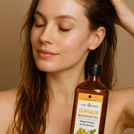 Huile ayurvédique au gingembre et curcuma pour cheveux, hydratante et stimulante, femme appliquant soin capillaire naturel