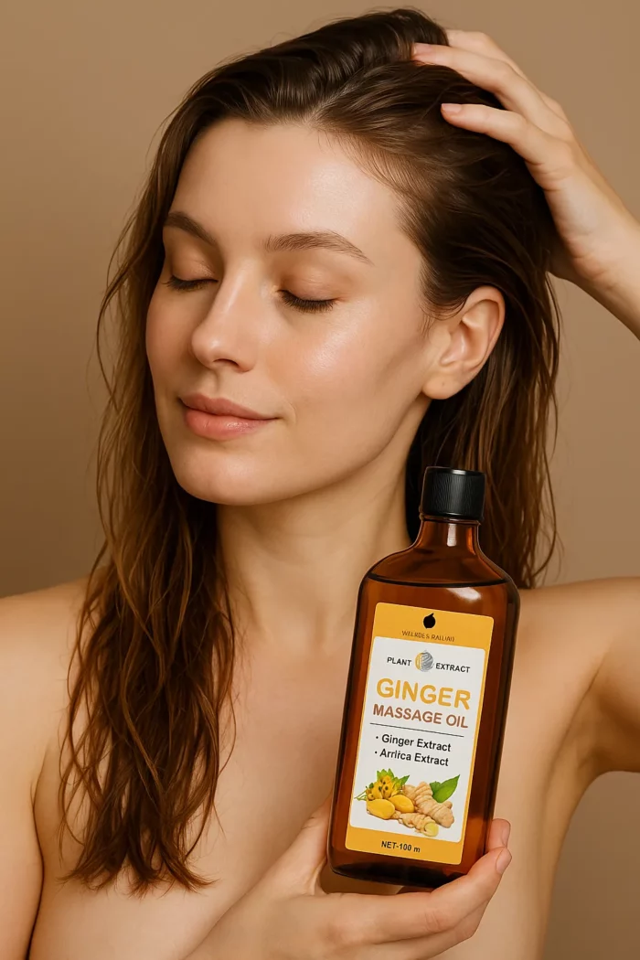 Huile ayurvédique au gingembre et curcuma pour cheveux, hydratante et stimulante, femme appliquant soin capillaire naturel