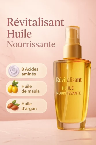 Huile capillaire nourrissante aux acides aminés, Argan, Marula et Camélia — brillance et vitalité naturelle.”