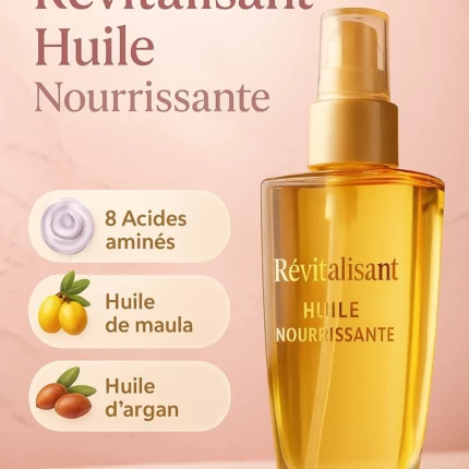 Huile capillaire nourrissante aux acides aminés, Argan, Marula et Camélia — brillance et vitalité naturelle.”