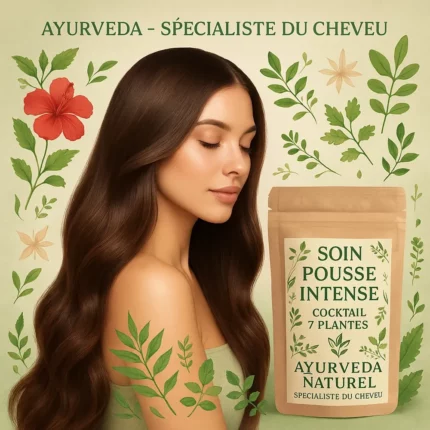 Femme aux cheveux longs et brillants avec des plantes ayurvédiques, représentant le soin pousse intense Ayurveda Naturel