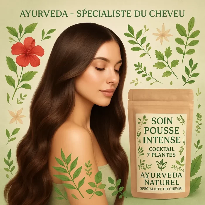 Femme aux cheveux longs et brillants avec des plantes ayurvédiques, représentant le soin pousse intense Ayurveda Naturel