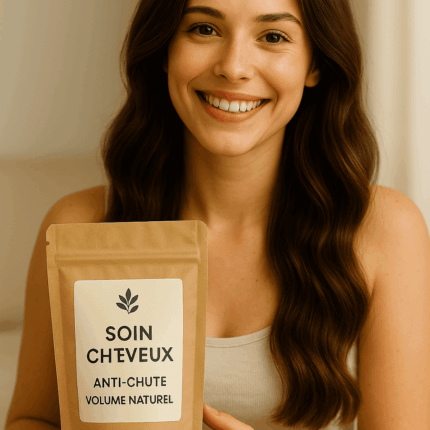 Femme souriante tenant un sachet kraft de poudre de henné neutre, soin cheveux anti-chute et volume naturel