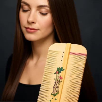 Peigne en bambou double face posé sur une table avec une femme aux cheveux fins et lisses en arrière-plan