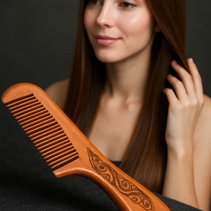 Peigne en bois de santal à manche posé au premier plan avec une femme aux cheveux lisses et brillants en arrière-plan