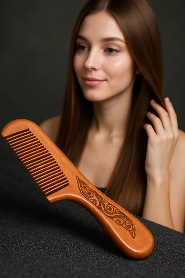 Peigne en bois de santal à manche posé au premier plan avec une femme aux cheveux lisses et brillants en arrière-plan