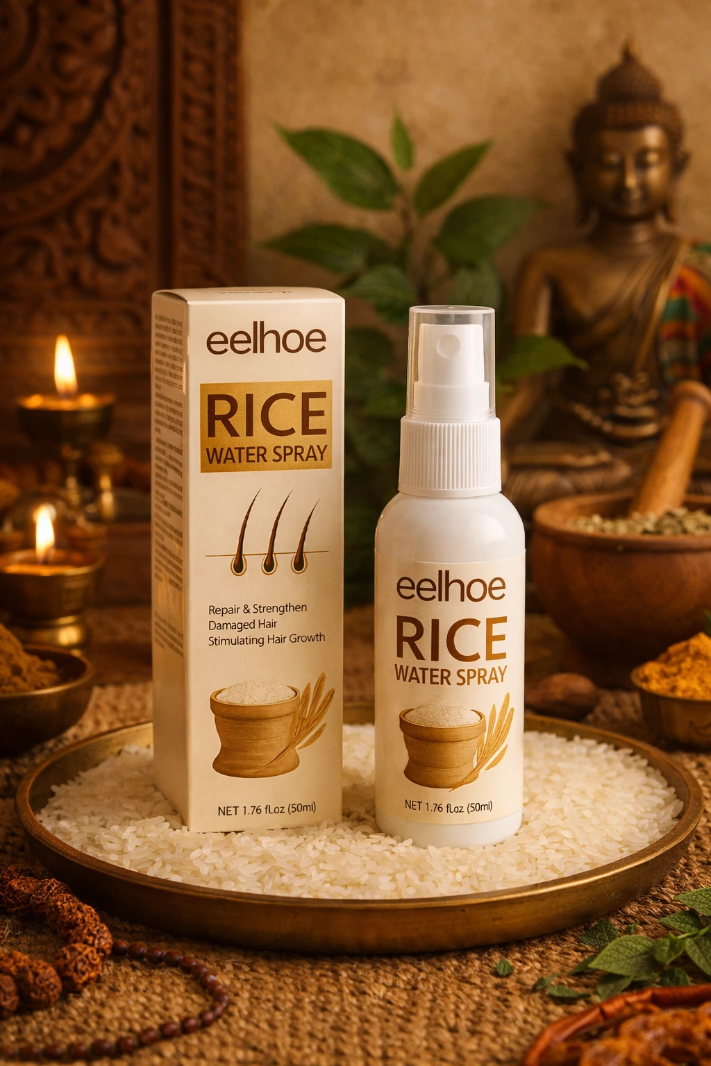 Spray capillaire à l’eau de riz pour soin des cheveux dans un décor inspiré de l’Ayurveda Spray à l’eau de riz pour cheveux secs et abîmés, présentation naturelle